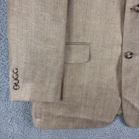 Jos A Bank Blazer Mens 43R Tan Linen Silk Sport Coat Tailored Fit‎ Herringbone - Picture 5 of 16